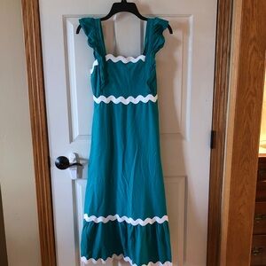 Teal Ruffled Strap A-Line Casual Dress with White Trim and pockets
